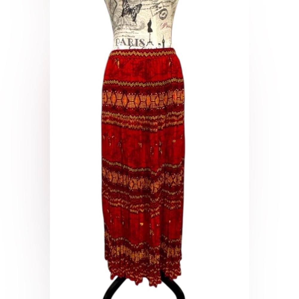 Sharon Young USA Pleated Western boho Chic Maxi Skirt & Elastic waist size M